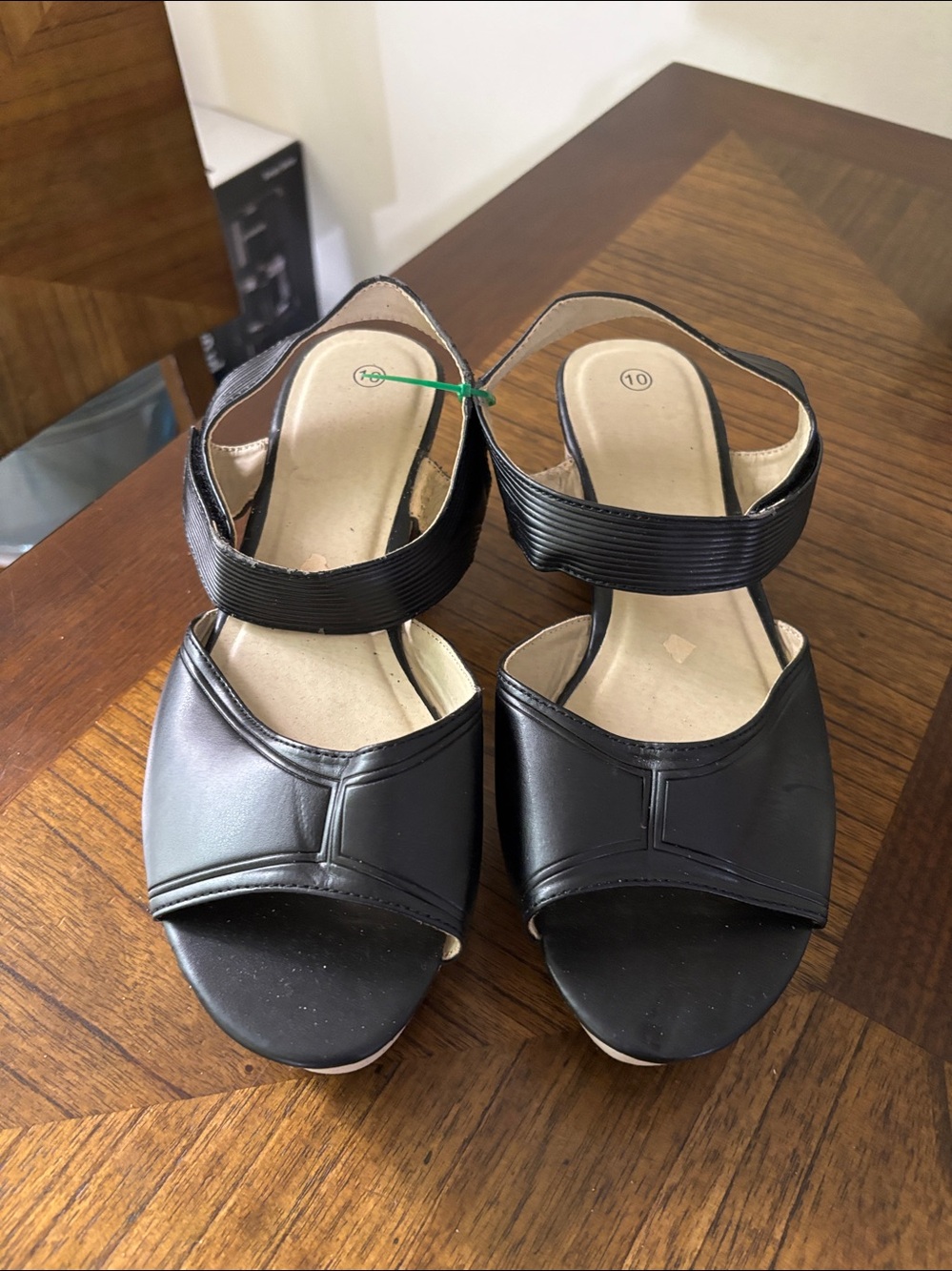 Black Women's Open-Toe Sandals with Ankle Strap. slight specs on heel
